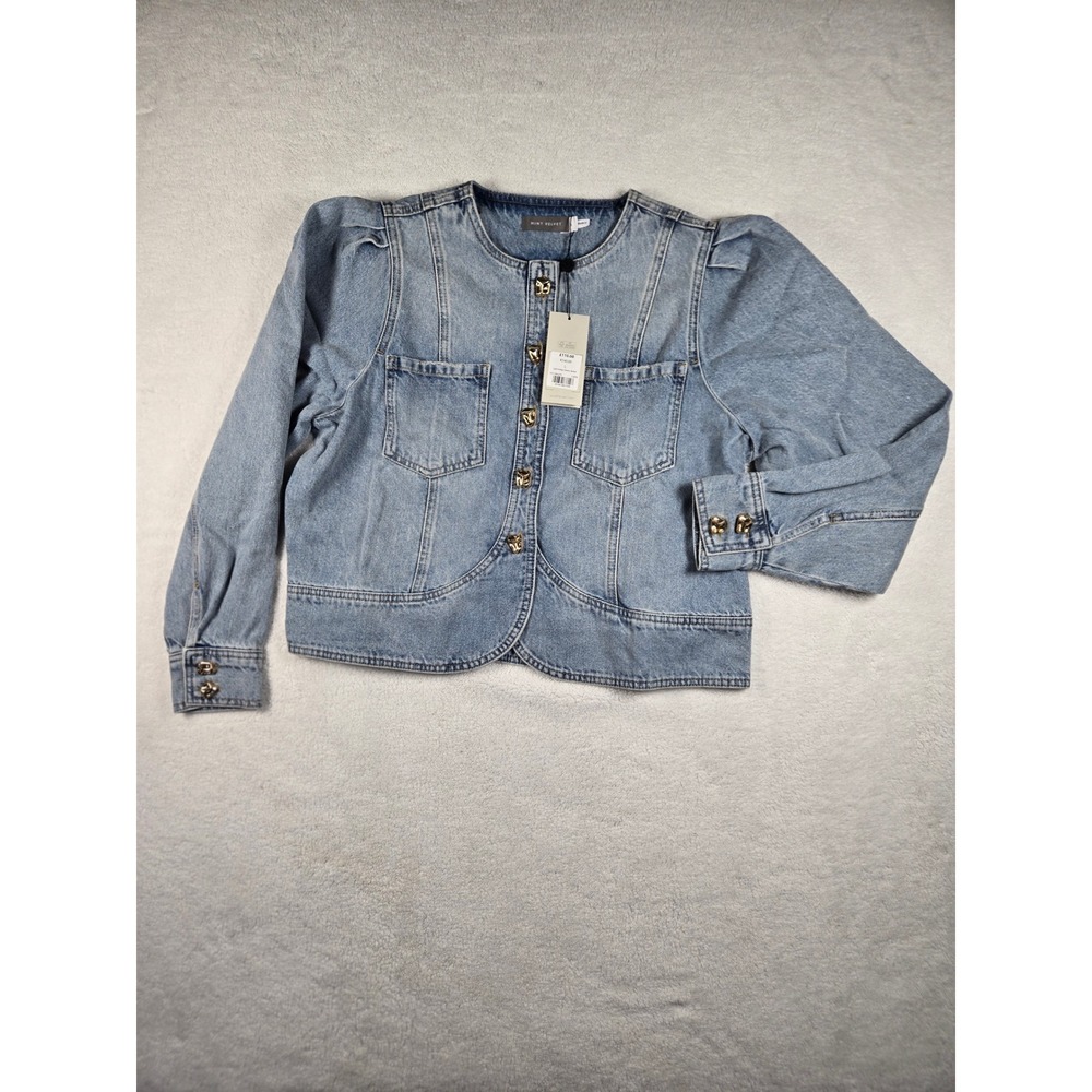 NWT Mint Velvet Light Blue Denim Puff Sleeve Collarless Jacket Gold Buttons  L